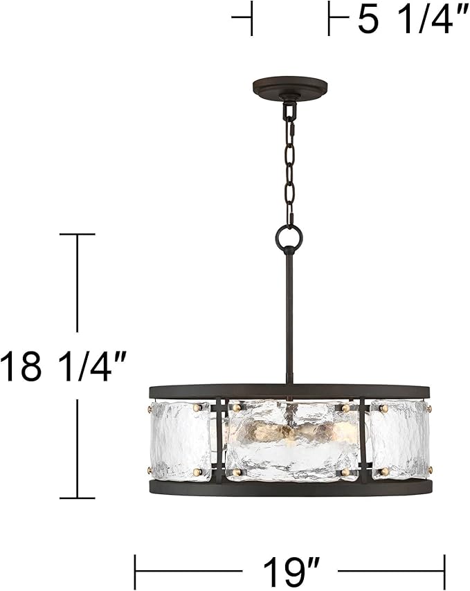Possini Euro Design Bronze Pendant Light - 4 Light, Clear Waterglass Drum Shade, Bronze Brass Rustic Modern Pendant Light for Kitchen Islands, Dining Rooms, and Living Rooms - 19" Wide, 18 1/4" High