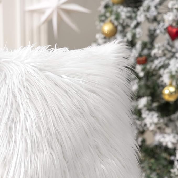 Phantoscope Faux Fur Solid Decorative Pillow Cover Fluffy Throw Pillow Mongolian Luxury Fuzzy Pillow Case Cushion Cover for Bedroom and Couch,True White 18 x 18 Inches
