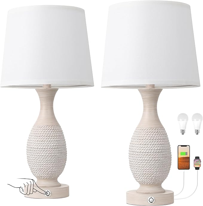 Seealle 22.2" Bedside Lamps Set of 2 with USB C+A - Dimmable Touch Lamps for Night Stands Bedroom Living Room End Table(Bulbs Included)