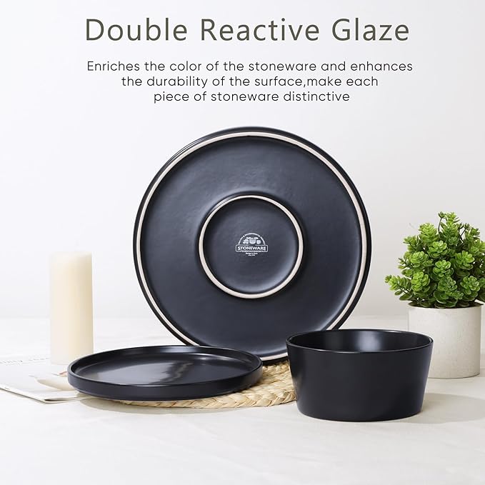 Herogo 18 Pieces Stoneware Dinnerware Sets for 6, Dinner Plates and Bowls Set, Reactive Glaze Dishes for Kitchen, Chip Resistant, Microwave & Dishwasher Safe, Matte Black
