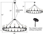 48” 20-Light Extra Large Wagon Wheel Chandelier, Round Black Rustic Farmhouse Chandelier Light Fixture for High Ceiling Living Room Dining Room Stairs Foyer- Adjustable Height Metal E26