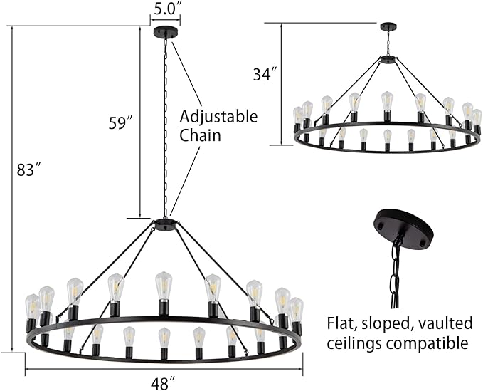 48” 20-Light Extra Large Wagon Wheel Chandelier, Round Black Rustic Farmhouse Chandelier Light Fixture for High Ceiling Living Room Dining Room Stairs Foyer- Adjustable Height Metal E26