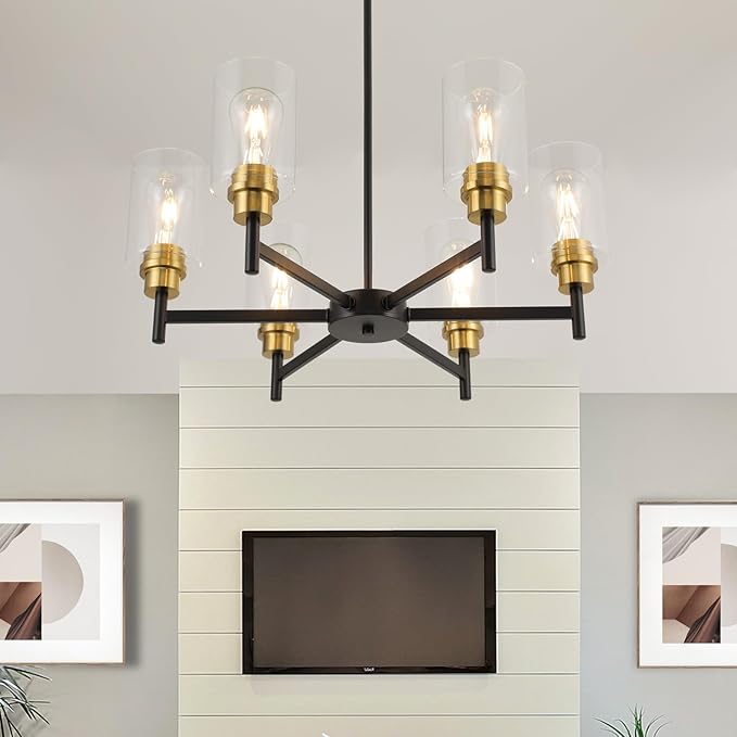 Farmhouse Chandeliers for Dining Room Black Chandelier 6 Light Dining Room Light Fixture with Clear Glass Shades Gold Pendant Lights for Kitchen Island Living Room Entryway Staircase