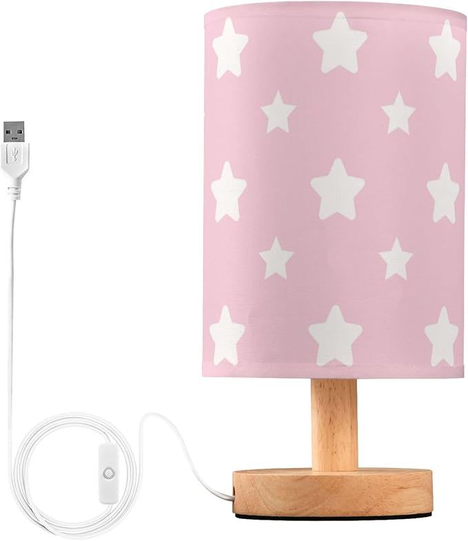 Table Lamp Pastel Pink Pattern with Star Nightstand Lamp with Wood Base Fabric Lamp Shade Bedside Desk Lamp for Living Room Bedroom Kids Room Office