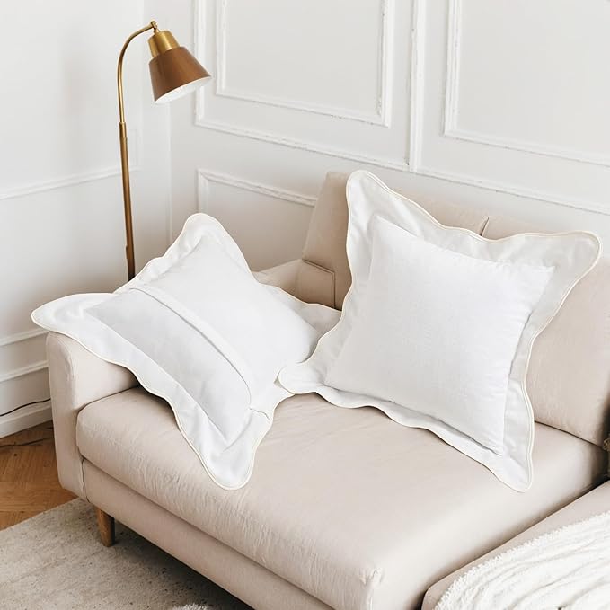 HAUSSY Scalloped Pillow Covers 24x24 Set of 2,Decorative Throw Pillows Cute Aesthetic Preppy Cushion Covers for Couch Bed Living Room,White