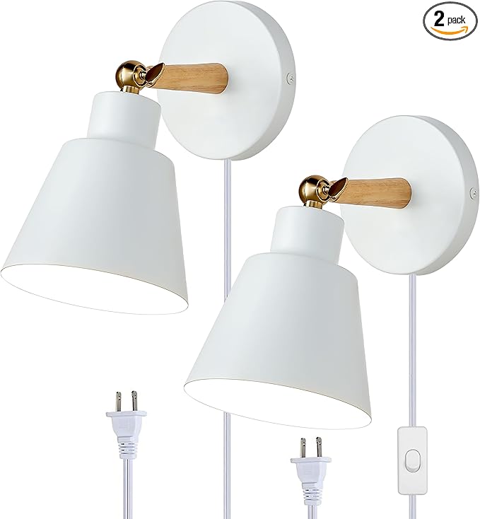 ClanKin Plug in Wall Sconces Lighting Fixture Set of 2, Bedside Wall Mounted Lamp for Industrial Bedroom Hallway Living Room (2 Pack White with 1.8M Plug in Cord)