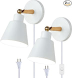 ClanKin Plug in Wall Sconces Lighting Fixture Set of 2, Bedside Wall Mounted Lamp for Industrial Bedroom Hallway Living Room (2 Pack White with 1.8M Plug in Cord)