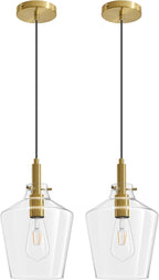 Modern Glass Pendant Lighting for Kitchen Island 2 Pack, Farmhouse Gold Pendant Light Fixtures, Adjustable Hanging Ceiling Light, Angled Clear Glass Shades 8 Inch