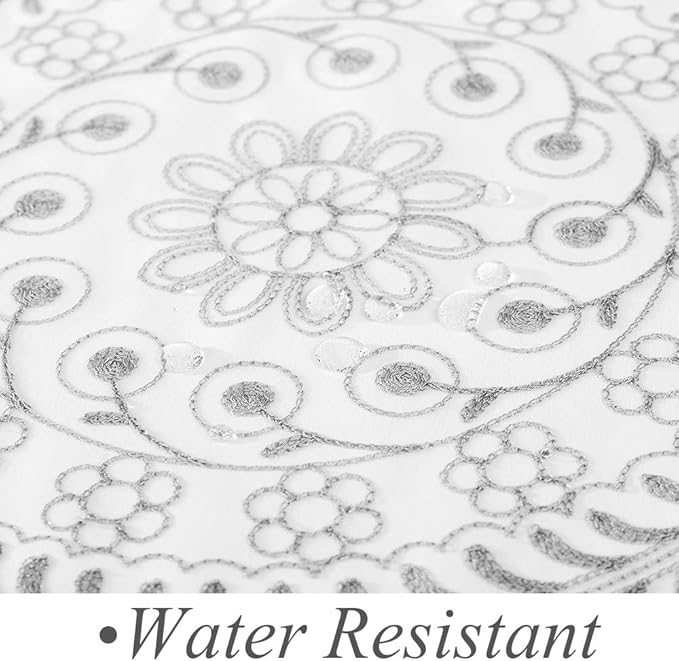 Jubilantex Grey and White Embroidered Shower Curtain Fabric for Bathroom, Farmhouse Boho Floral Rustic Chic Decorative Waterproof Bath Room Shower Curtain for Spa Hotel, 70x72 Inches, Gray