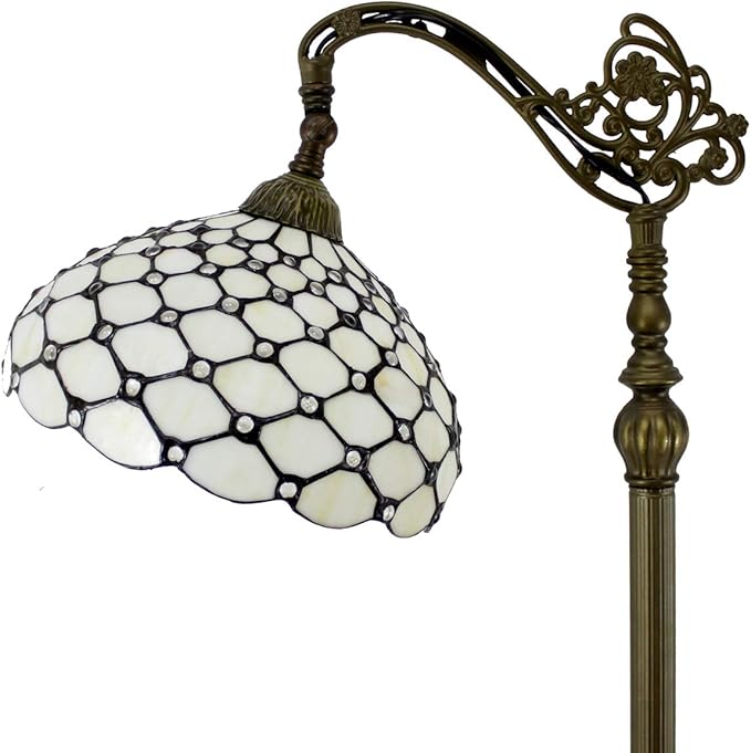 WERFACTORY Tiffany Floor Lamp Cream Amber Stained Glass Bead Arched Lamp 12X18X64 Inch Gooseneck Adjustable Corner Standing Reading Light Decor Bedroom Living Room S005 Series