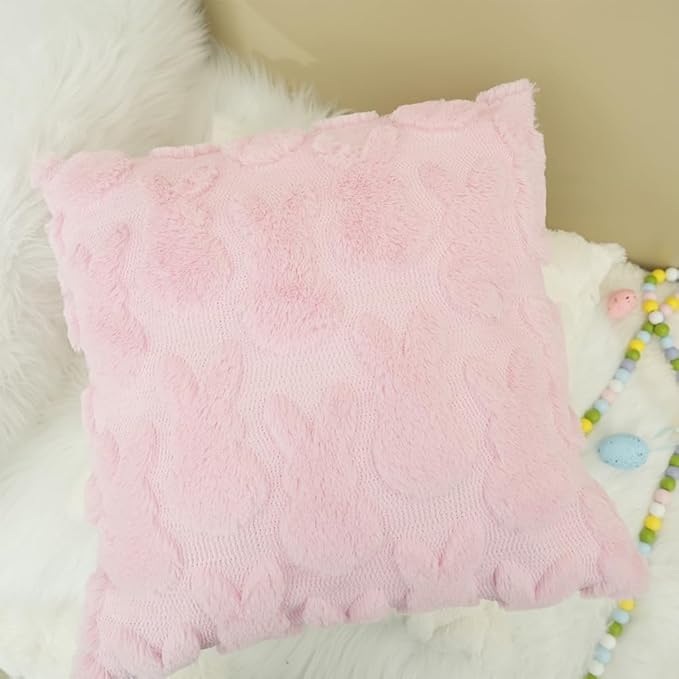 GEEORY Easter Bunny Soft Plush Pillow Covers, 20 x 20 Inch Set of 2, Fluffy Faux Fur Wool Decorative Farmhouse Cushion Case for Sofa Home Decoration Pink GC015-20