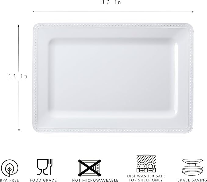 Melamine Large Serving Platter Set for Party Supplies,16"x11" Platters for Serving Food, 2pcs White reusable Serving Tray for Cookie, Fruit, Snack,Party Food Display,Stackable Kitchen CounterTop Tray