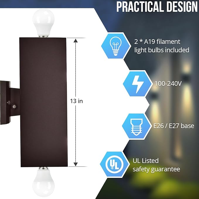 Modern Up Down Wall Lights Outdoor with Dusk to Dawn Photocell Sensor, LED Outdoor Wall Lighting, Waterproof Bronze Porch Lantern, 13" Square Wall Sconce for House Garden Entrance