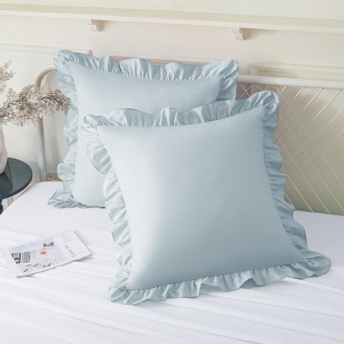 KKJIAF Ruffle Pillow Cases 24x24 Inches, Dusty Blue Square Ruffled Pillow Covers Set of 2, Microfiber Wrinkle Resistant Pillow Shams with Envelope Closure for Sofa Bed Living Room