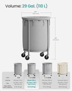 SONGMICS 29-Gallon (110 L) Laundry Basket with Wheels, Rolling Round Heavy-Duty Laundry Hamper Cart with Steel Frame and Removable Bag, 2 Locking Wheels, Gray and Metallic Silver URLS002G01