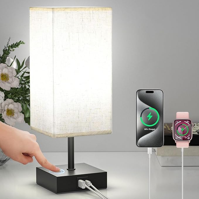 hansang Table Lamp, Touch Bedside Lamps 3 Way Dimmable, USB A&C Charging Port, Small Lamp for Bedroom, Reading Room, 5000K LED Bulb Included