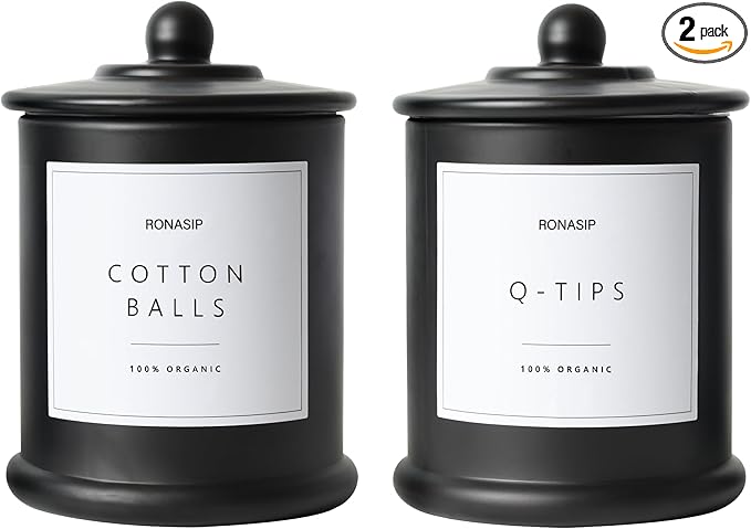 Qtip Holder & Cotton Pad Dispenser, Bathroom Organizer and Storage Canisters, 16oz Glass Apothecary Jars for Kitchen, Restroom - Home Decor Accessories, Room Decor Aesthetic (2 Pack, Black)