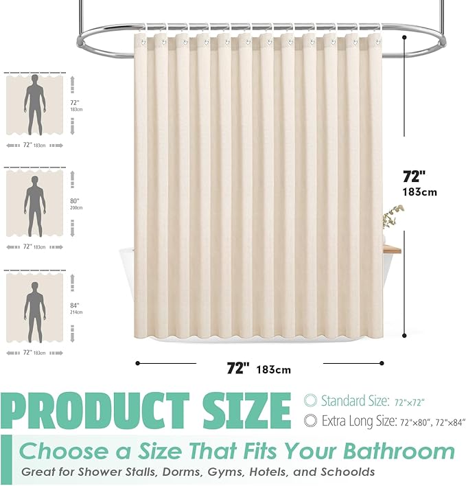 Natural Linen Textured Shower Curtain Set with Hooks, Beige Boho Farmhouse Bath Shower Curtains for Bathroom Neutral Cloth, Hotel Luxury, Weighted, 72W x 72L, Cream