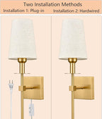 Gold Wall Sconces Set of Two Plug in Sconce Light Modern Brass Sconces Wall Lighting with Fabric Shade Wall Lamps for Bedroom Hallway Bathroom Living Room