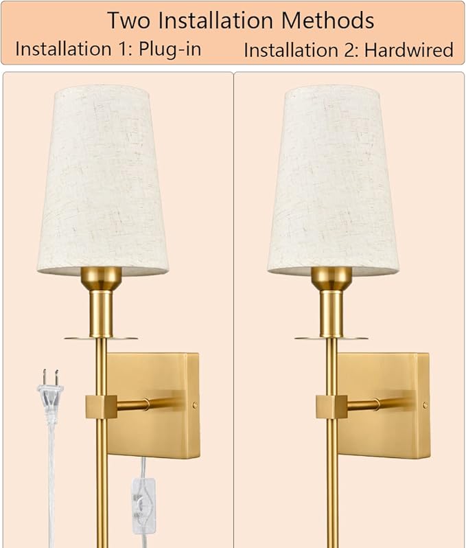 Gold Wall Sconces Set of Two Plug in Sconce Light Modern Brass Sconces Wall Lighting with Fabric Shade Wall Lamps for Bedroom Hallway Bathroom Living Room