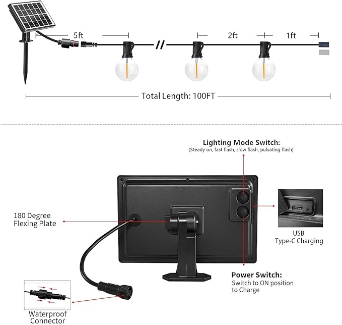 SUNTHIN Solar String Lights, 200ft(2x100ft) Solar Patio Lights with 48 Shatterproof G40 LED Bulbs, Waterproof Solar Powered Outdoor Lights for Backyard, Garden, Deck, Porch, Pergola, Pool, Camping