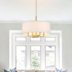 XiNBEi Lighting Pendant Light, Modern 4 Light Drum Pendant Lighting Adjustable Hanging Chandelier Ceiling Light for Living & Dining Room Satin Brass Finish XB-P1296-SB