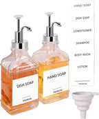 Dish Soap Dispenser for Kitchen, Hand Glass Soap Dispenser Set with Pump, Funnel for Bathroom, Shower, Laundry, Liquid, Lotion (Silver 2 Pack 18 Oz Clear Bottles with 12 Stickers)