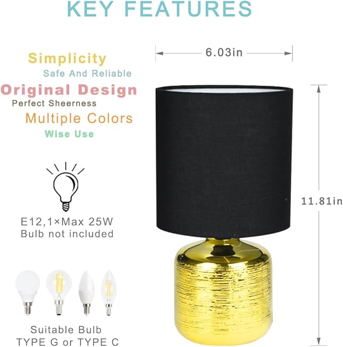 Lampwell Beno Small Table Lamp for Living Room as Bedside Table Lamp for Bedroom,Modern Ceramic Table Lamp,Kids Table Lamp,Night Table Lamp,Φ6.3×H11.81IN,Bulb Excluded,Black Gold Table Lamp