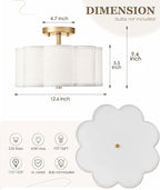 Gold Semi Flush Mount Ceiling Light, 3-Light 12.5" Ceiling Lighting Fixtures with Fabric Shade in Flower Shape, Farmhouse Brass Drum Lights for Nursery Hallway Bedroom, AD-22007-3SF-GD