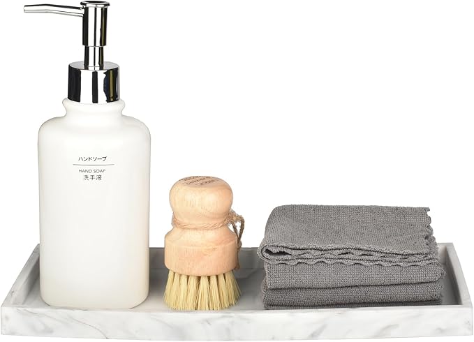 DNC Silicone Bathroom Tray for Counter, 2PC (7.9" +11.8") Vanity Tray for Countertop, Kitchen Sink Soap Tray for Dish Holder Dispenser Toilet Tank Desk Organizer Marble White