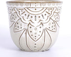 VanEnjoy 5.9 inch Round Bohemian Style Ceramic Planter, Geometry Engrave Off White Brown Planter Flower Pot, Indoor Outdoor Decorative Planter