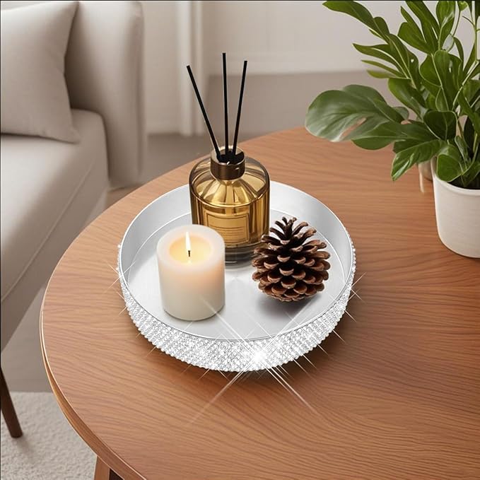 Round Bling Stainless Steel Serving Tray, Shiny Serving Platter for Coffee Table Display, Glitter Rhinestones Decorative Tray for Home Decor (Silver-5.5 inch)