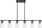 TODOLUZ 6-Lights Kitchen Island Pendant Light Fixture in Black Finish, Linear Hanging Ceiling Lighting Dining Room Chandelier with Seeded Glass Shade