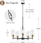 Kitchen Island Lighting - 5 Lights Modern Glass Chandelier for Dining Room, Farmhouse Pendant Light Over Table for Foyer Living Room Bedroom (Black and Gold)