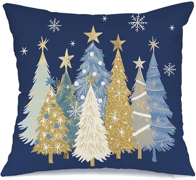 AACORS Christmas Pillow Cover 18X18 Inch Watercolor Christmas Tree Stars Decoration Holiday Farmhouse Winter Pillow Case for Sofa Couch Decor（Blue） AA608-18