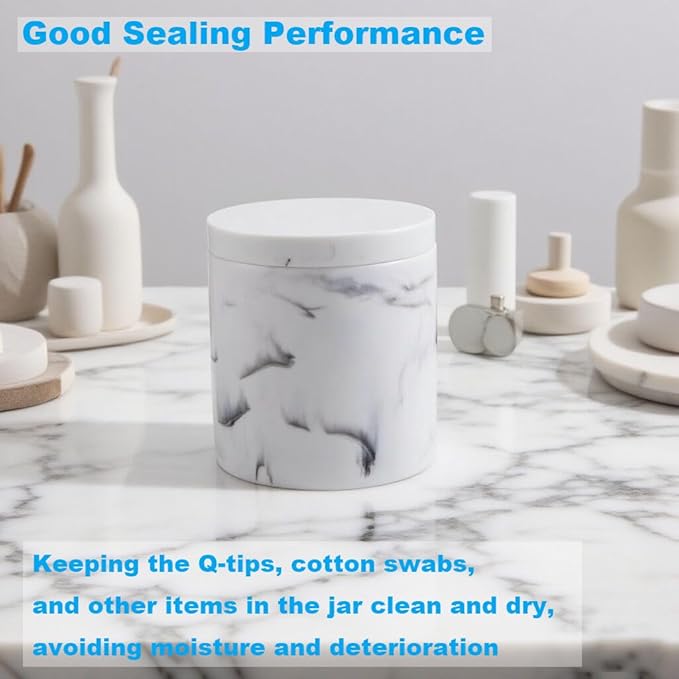 Cotton Swab Holder Round Qtip Holder with Lid, Bathroom White Marble Resin Cotton Ball Canister Jar Cosmetics Makeup Countertop Organizer Containers Canister Apothecary Jar Marblized