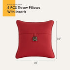 Outdoor Sunbrella Decorative Pillows with Coconut Button Pack of 4, 16" x 16" Outdoor Pillow Set for Couch Bed Throw Patio Sofa, Canvas Jockey Red