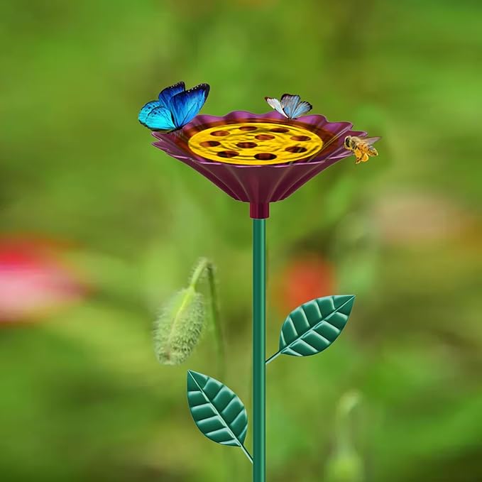 2 Packaged Bee Watering Stations, Garden Bee Bathtubs, Metal Bee Water Replenishers, Floral Designs, Outdoor Garden Courtyard Decorative Colorful Butterfly Bee Bath Bowls (Green,Purple)