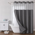 No Hook Shower Curtain Liner Set, Snap in Hookless Shower Curtain with Tassels, Ringless Chevron Tufted Fabric Boho Bathroom Curtains, Mesh Top Window Hotel Style Bath Curtains 74" x 71", Grey