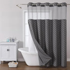 No Hook Shower Curtain Liner Set, Snap in Hookless Shower Curtain with Tassels, Ringless Chevron Tufted Fabric Boho Bathroom Curtains, Mesh Top Window Hotel Style Bath Curtains 74" x 71", Grey