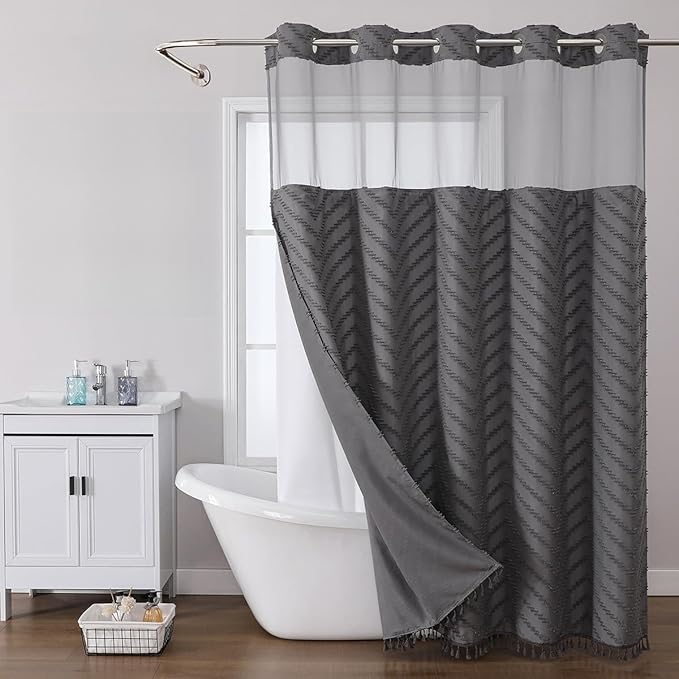 No Hook Shower Curtain Liner Set, Snap in Hookless Shower Curtain with Tassels, Ringless Chevron Tufted Fabric Boho Bathroom Curtains, Mesh Top Window Hotel Style Bath Curtains 74" x 71", Grey