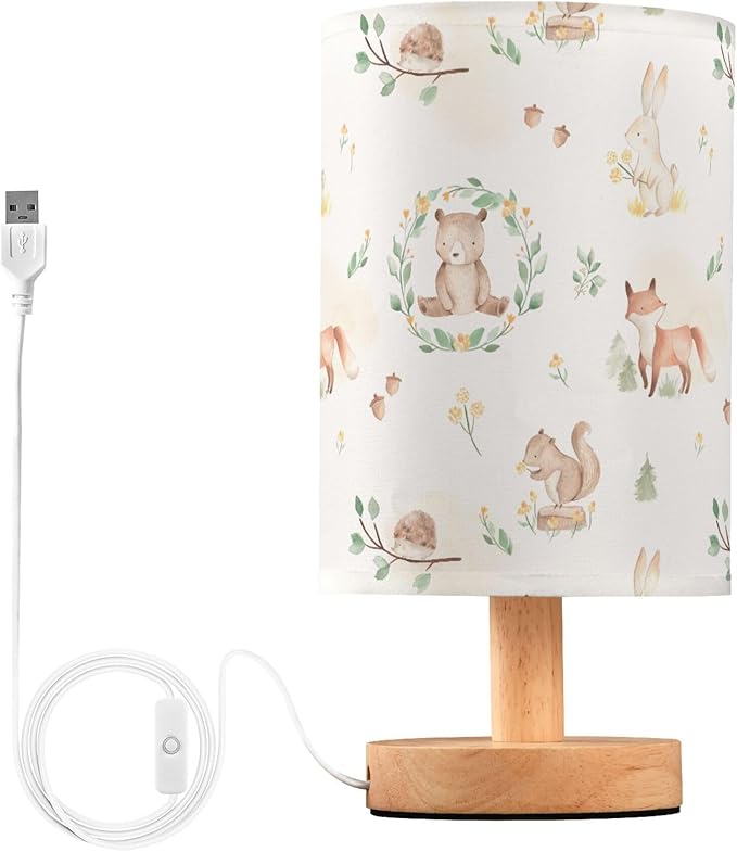 Table Lamp Woodland Animal Fox Bear Squirrel Rabbit Hedgehog Floral Branch Nightstand Lamp with Wood Base Fabric Lamp Shade Bedside Desk Lamp for Living Room Bedroom Kids Room Office