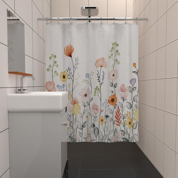Flower Waffle Shower Curtain Leaves Fabric Bath Curtain, Floral Plants Long Shower Curtains for Bathroom Natural Curtain Waterproof with Hooks for Kids Bathroom Home Hotel Decor 72x72 inch