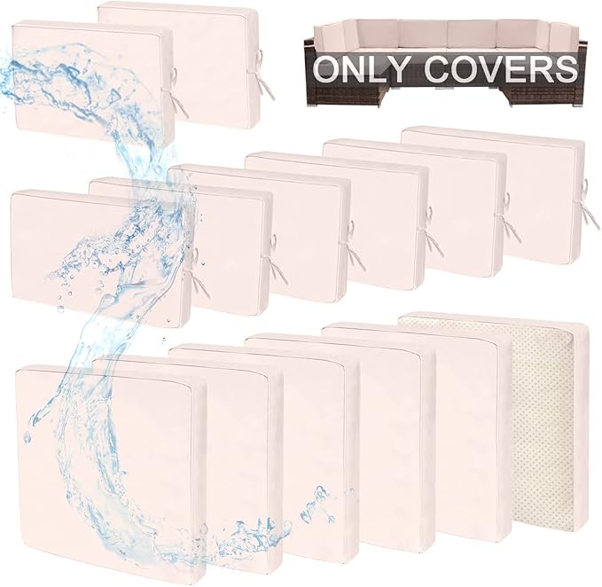 14 PCs Patio Cushion Covers for 7 PCs Outdoor Furniture Sectional Seating Sets Water Resistant Plus 2 Throw Pillows (Khaki, 24.8(L)*24.8(W)*3.14(T) inches)