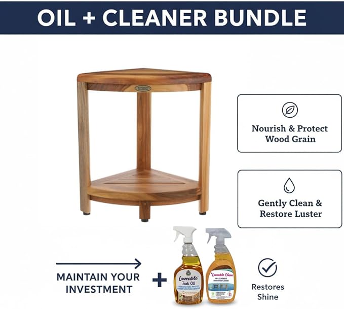 EcoDecors SnazzyCorner 18" Teak Wood Corner Shower Shelf, Fully Assembled | Loveable Teak Oil Spray Bottle, 24 oz | Loveable Teak Cleaner 32 oz