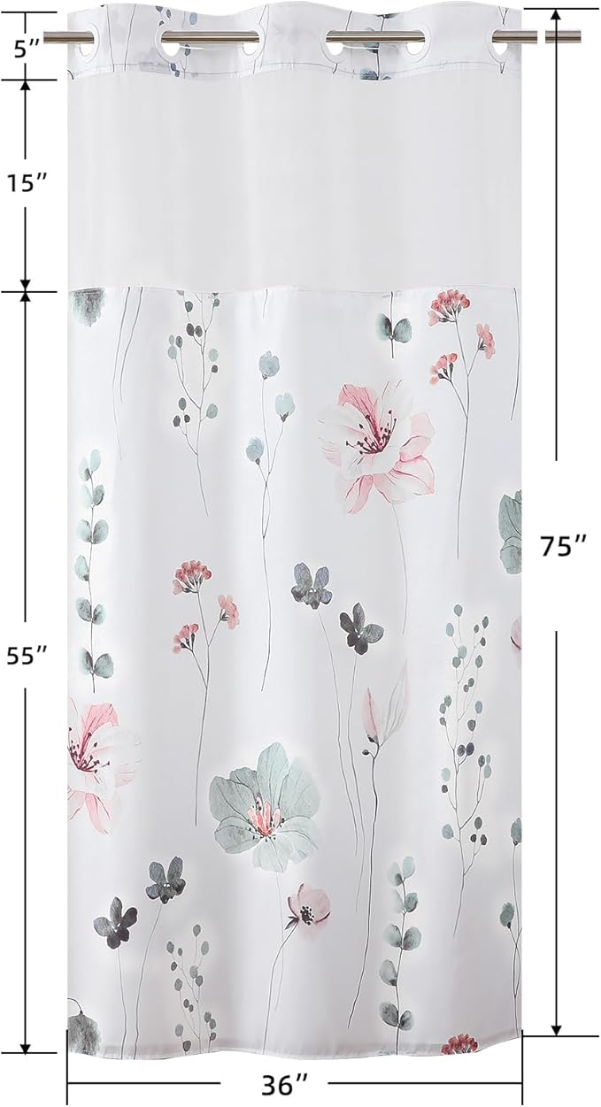 QiyI Stall Floral Shower Curtain with Snap in Liner, Grey and Pink Watercolor Cloth Bath Curtains, No Hook Shower Curtains with Mesh Top Window, Fabric Waterproof Bathroom Curtain Set, 36 x 75 Inch