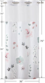 QiyI Stall Floral Shower Curtain with Snap in Liner, Grey and Pink Watercolor Cloth Bath Curtains, No Hook Shower Curtains with Mesh Top Window, Fabric Waterproof Bathroom Curtain Set, 36 x 75 Inch
