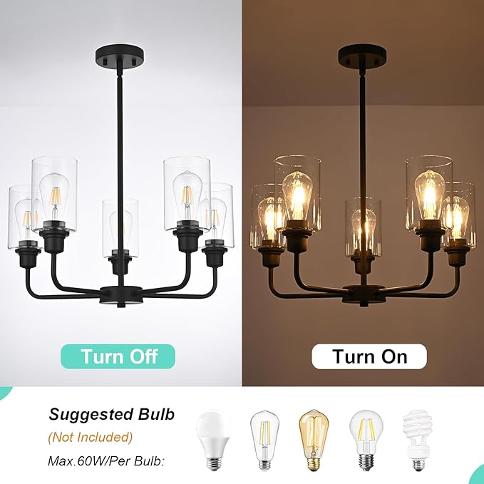 VINLUZ 5-Light Oil-Rubbed Chandelier with Clear Glass Shades, E26 Base Modern Pendant Light Fixture, Adjustable Swivel Heads Ceiling Lighting, Farmhouse Chandelier for Dining Room Kitchen Hallway