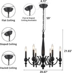 Farmhouse Chandelier, 6-Light Black Chandeliers for Dining Room Light Fixture Iron Metal Hanging Pendant Light, French Country Chandelier for Bedroom Kitchen Island Living Room UL-Listed