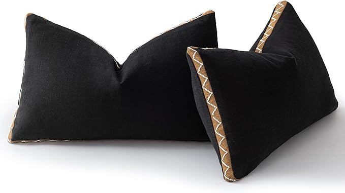 Decorative Neutral Linen Throw Pillow Covers 12x20 Inch Set of 2, Black Boho Farmhouse Pillow Covers with Braid Fringe for Sofa Bed Modern Couch Pillow Cases for Organic Home Decor